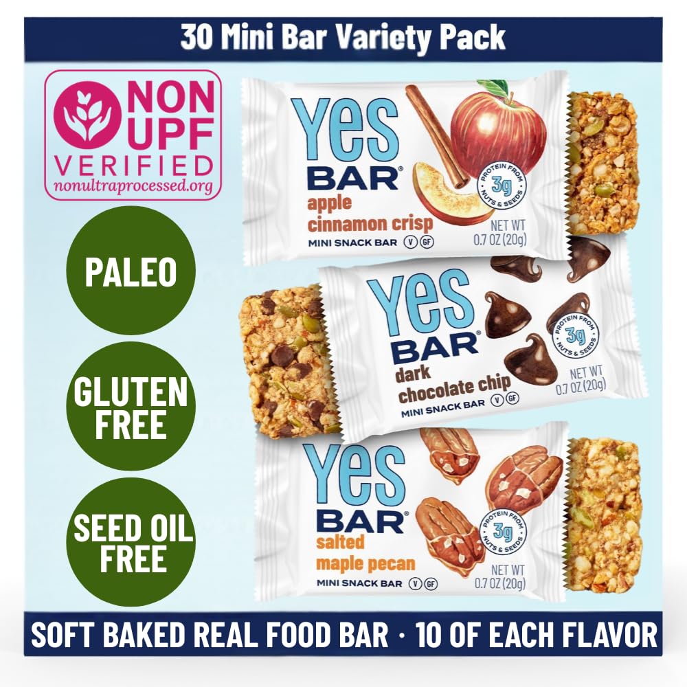 The YES Bar Minis variety pack packaging showcases clean ingredients for on-the-go snacking