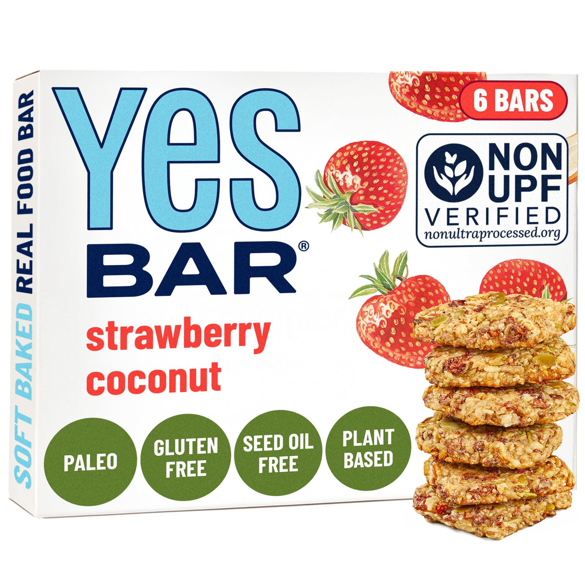 The YES Bar Nut Bars Strawberry Coconut pack shows six-bars convenience for on-the-go snacking.
