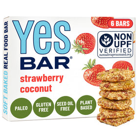 The YES Bar Nut Bars Strawberry Coconut pack shows six-bars convenience for on-the-go snacking.