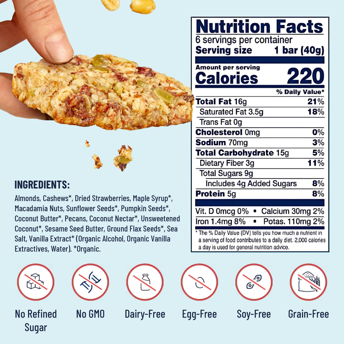 The YES Bar Nut Bars Strawberry Coconut flavor shot suggests fresh strawberry and coconut notes.