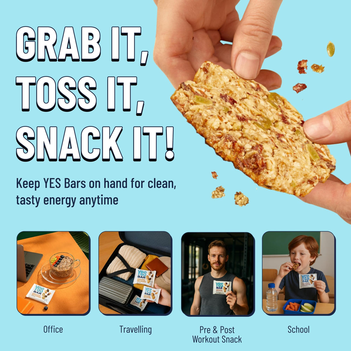 The YES Bar Nut Bars Strawberry Coconut on-the-go use shows easy, mess-free snack.