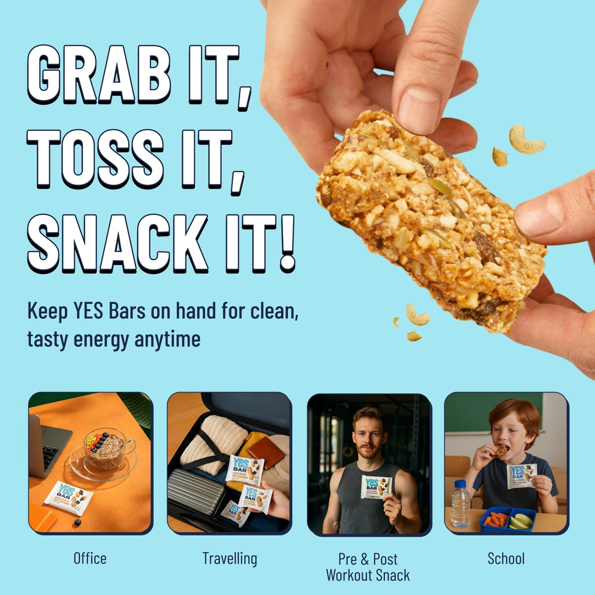 The YES Bar premium nuts and seeds detail shows almonds, cashews, macadamias.