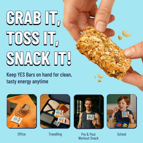 The YES Bar premium nuts and seeds detail shows almonds, cashews, macadamias.