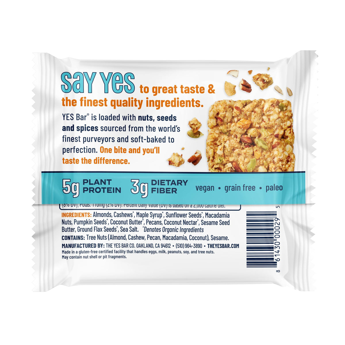 The YES Bar packaging, gluten-free and dairy-free claim, ideal for diverse diets