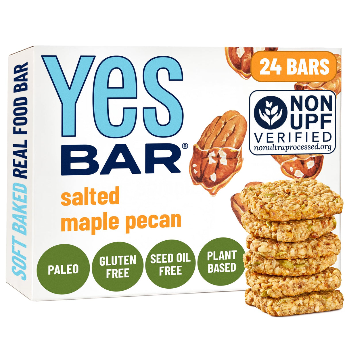 The YES Bar Salted Maple Pecan bar unwrapped, showing soft chewy texture for on-the-go snacking