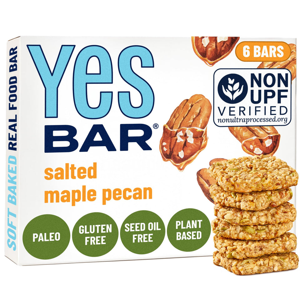 The YES Bar Salted Maple Pecan packaging highlights clean ingredients for on-the-go snacking.