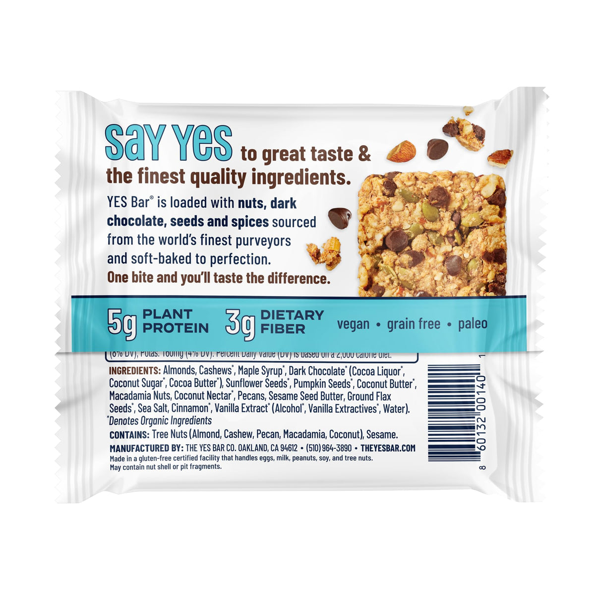 The YES Bar vegan paleo gluten-free label scene highlights diet-friendly snack options.