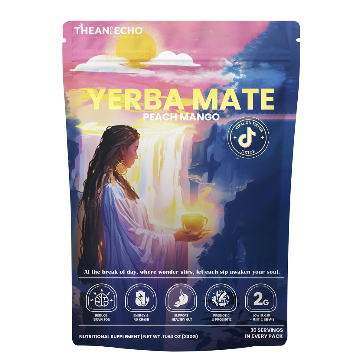 THEANECHO Yerba Mate Peach Mango Tea bottle for clean energy on the go
