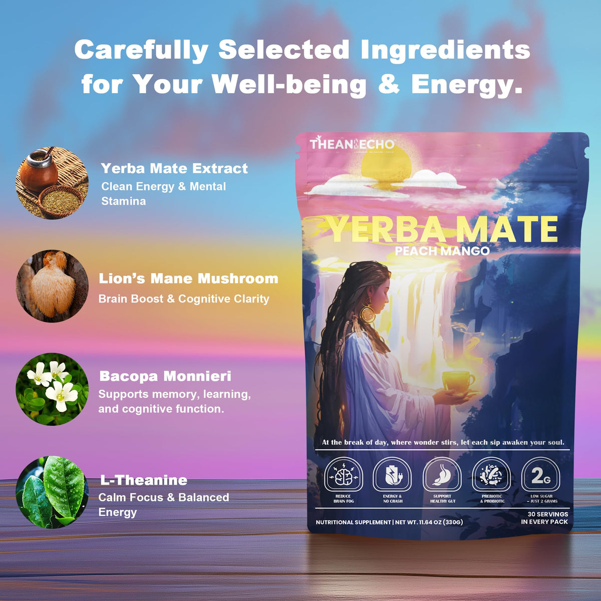 THEANECHO Yerba Mate Peach Mango Tea energizes workouts and study without crashes