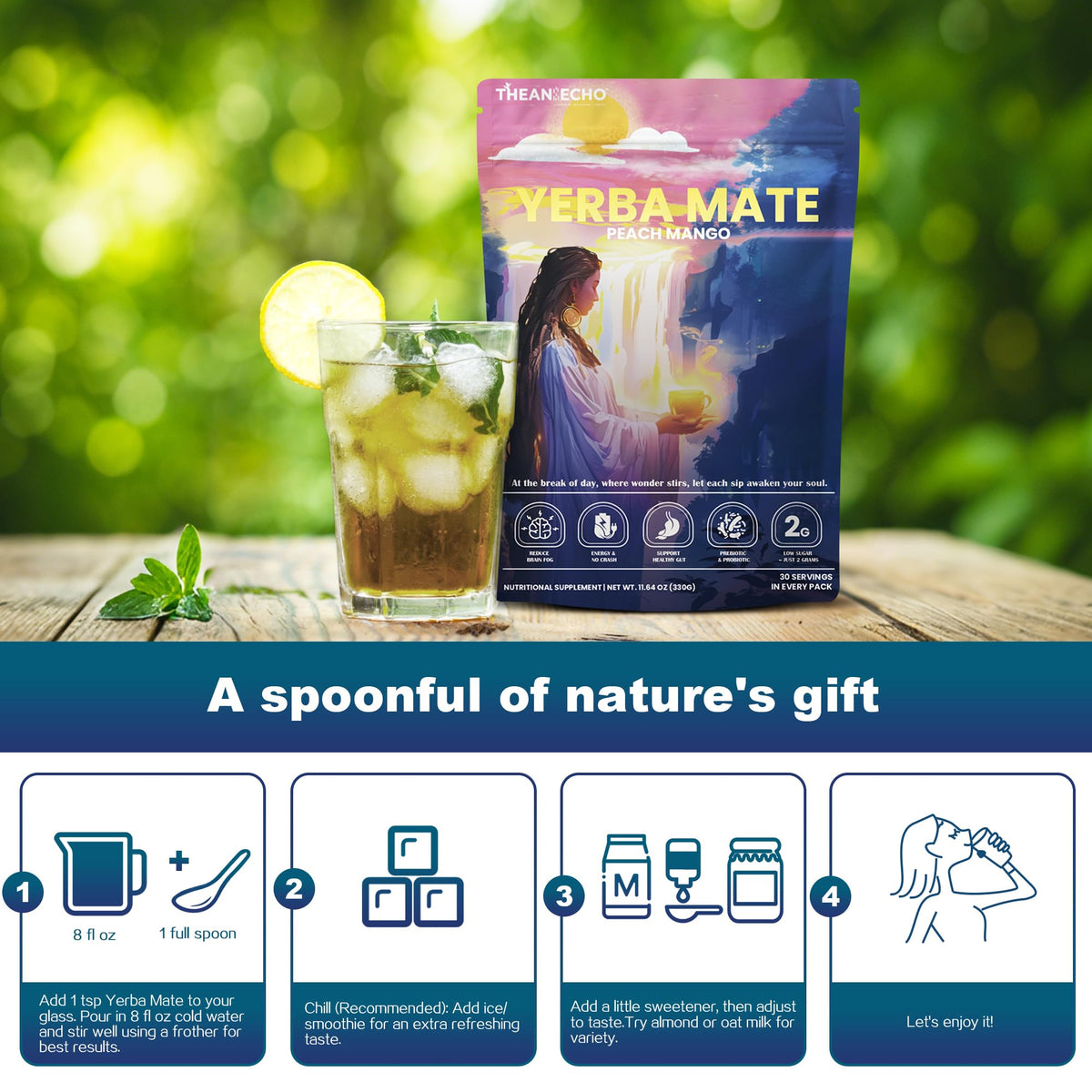 THEANECHO Yerba Mate Peach Mango Tea organic label communicates clean, plant-based ingredients