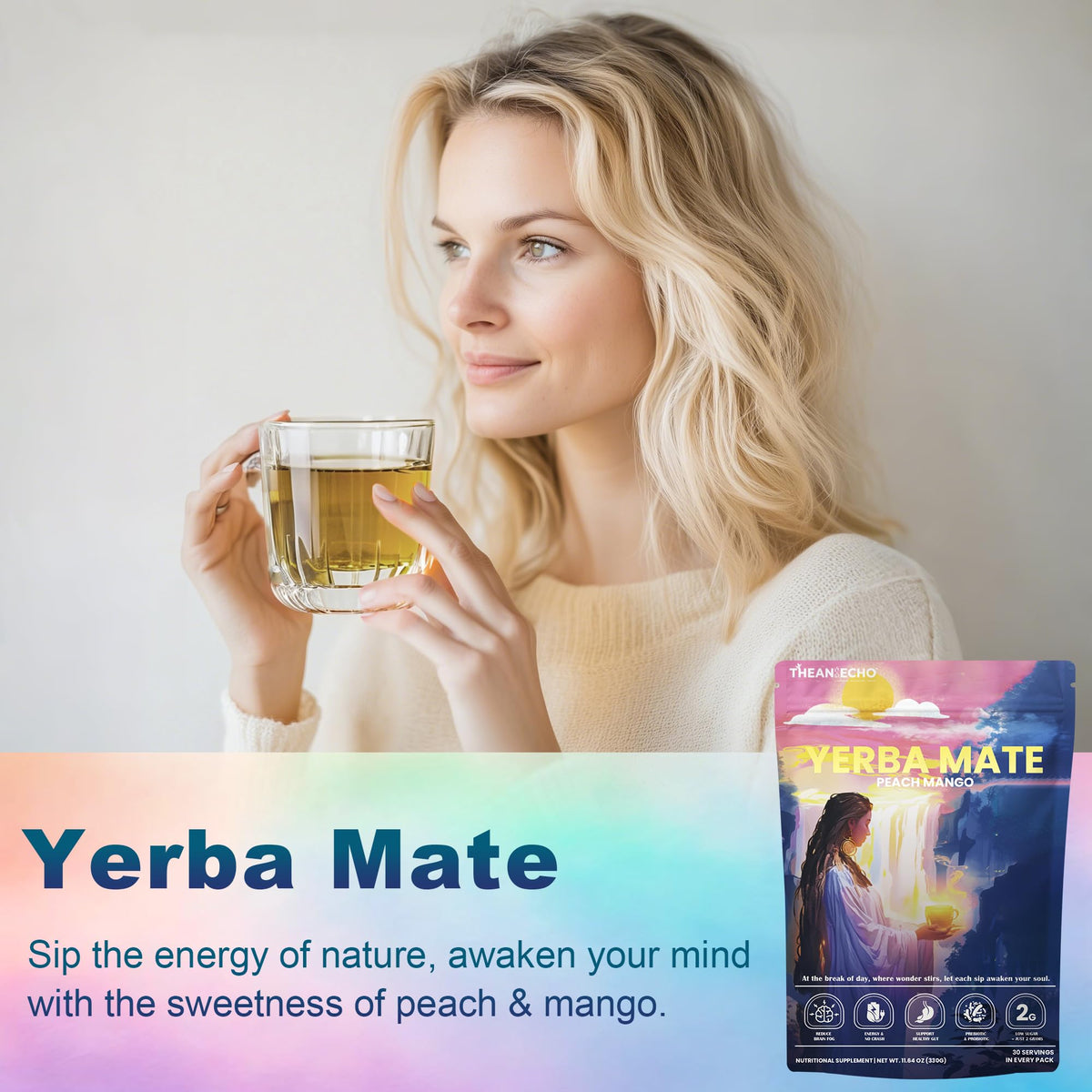 THEANECHO Yerba Mate Peach Mango Tea packaging emphasizes organic ingredients