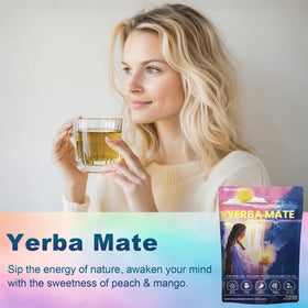 THEANECHO Yerba Mate Peach Mango Tea packaging emphasizes organic ingredients