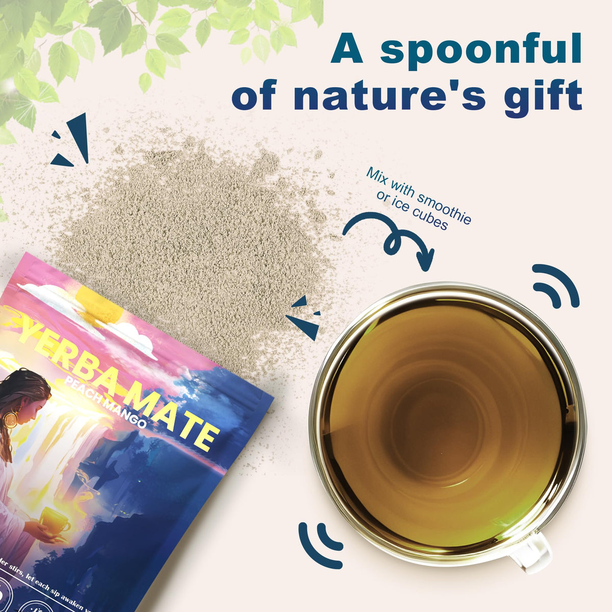 THEANECHO Yerba Mate Peach Mango Tea leaves closeup shows natural flavor