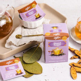 TheCandyCo Blood Sugar Herbal Tea pack close-up shows bags for on-the-go freshness.