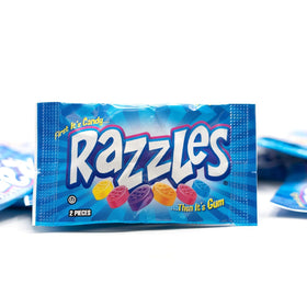 TheCandyCo Razzles candy-then-gum packaging showcases two-piece packets for easy sharing.