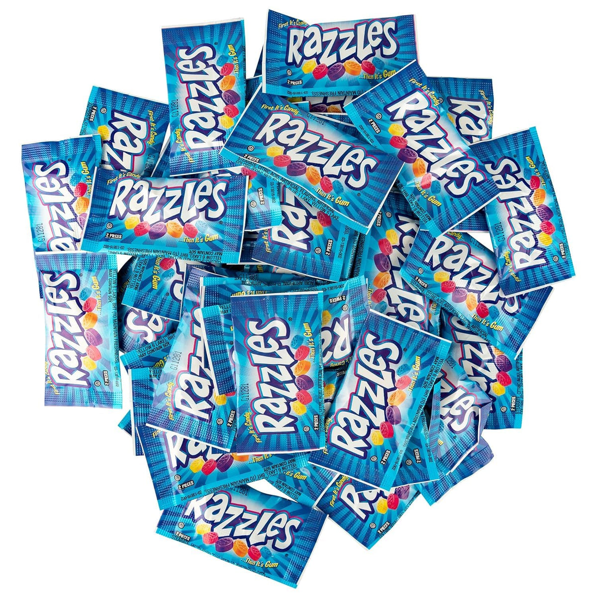 TheCandyCo Razzles two-piece packets close-up highlights compact, on-the-go snacking.