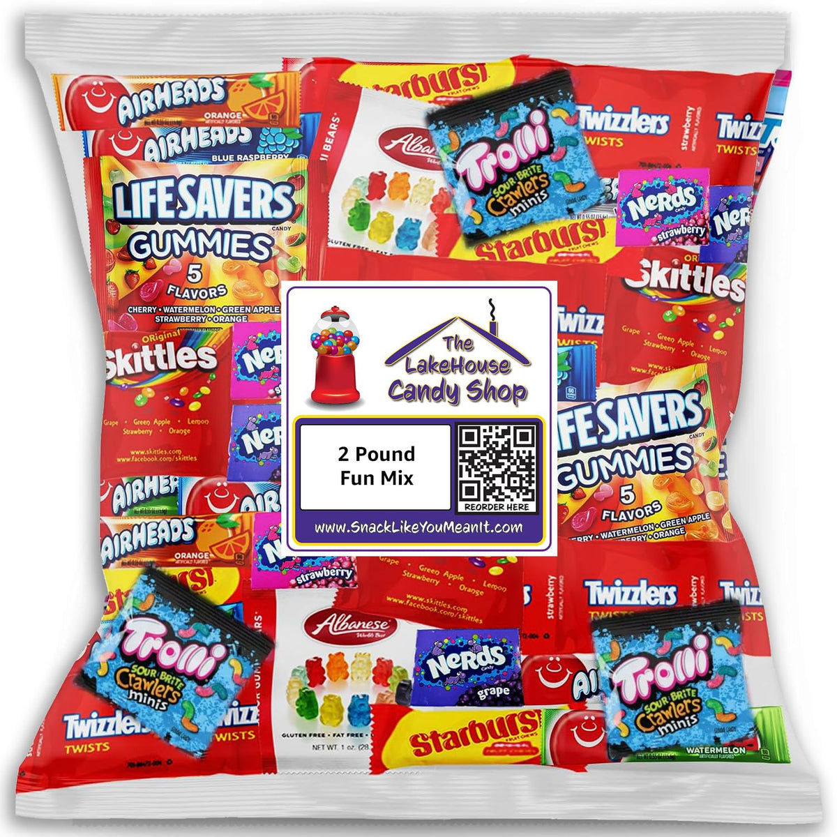 The LakeHouse bulk candy assortment featuring Starburst and Skittles for parties