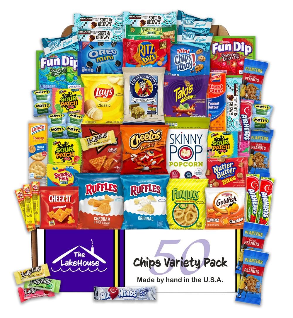 The LakeHouse chips variety pack front view, perfect dorm snack solution.