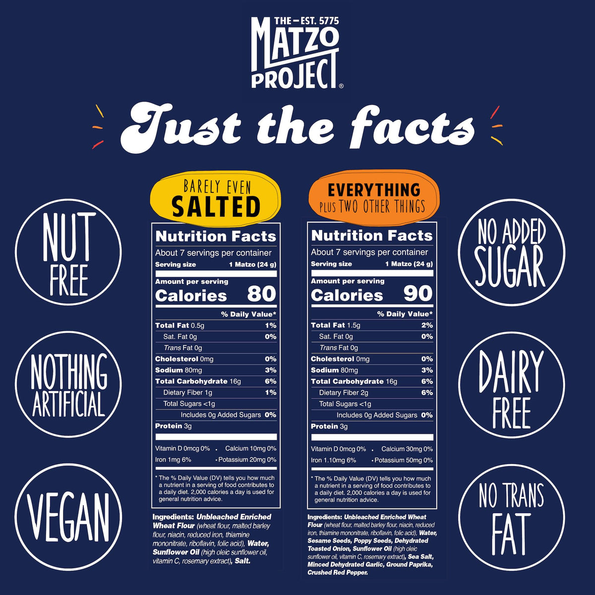The Matzo Project vegan nut-free matzoh snacks with sesame facility note.