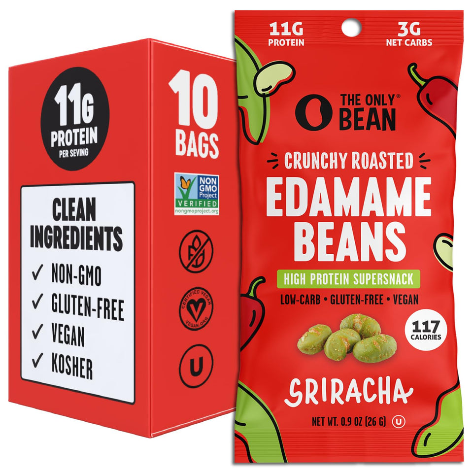 The Only Bean crunchy roasted edamame with Sriracha for on-the-go protein.