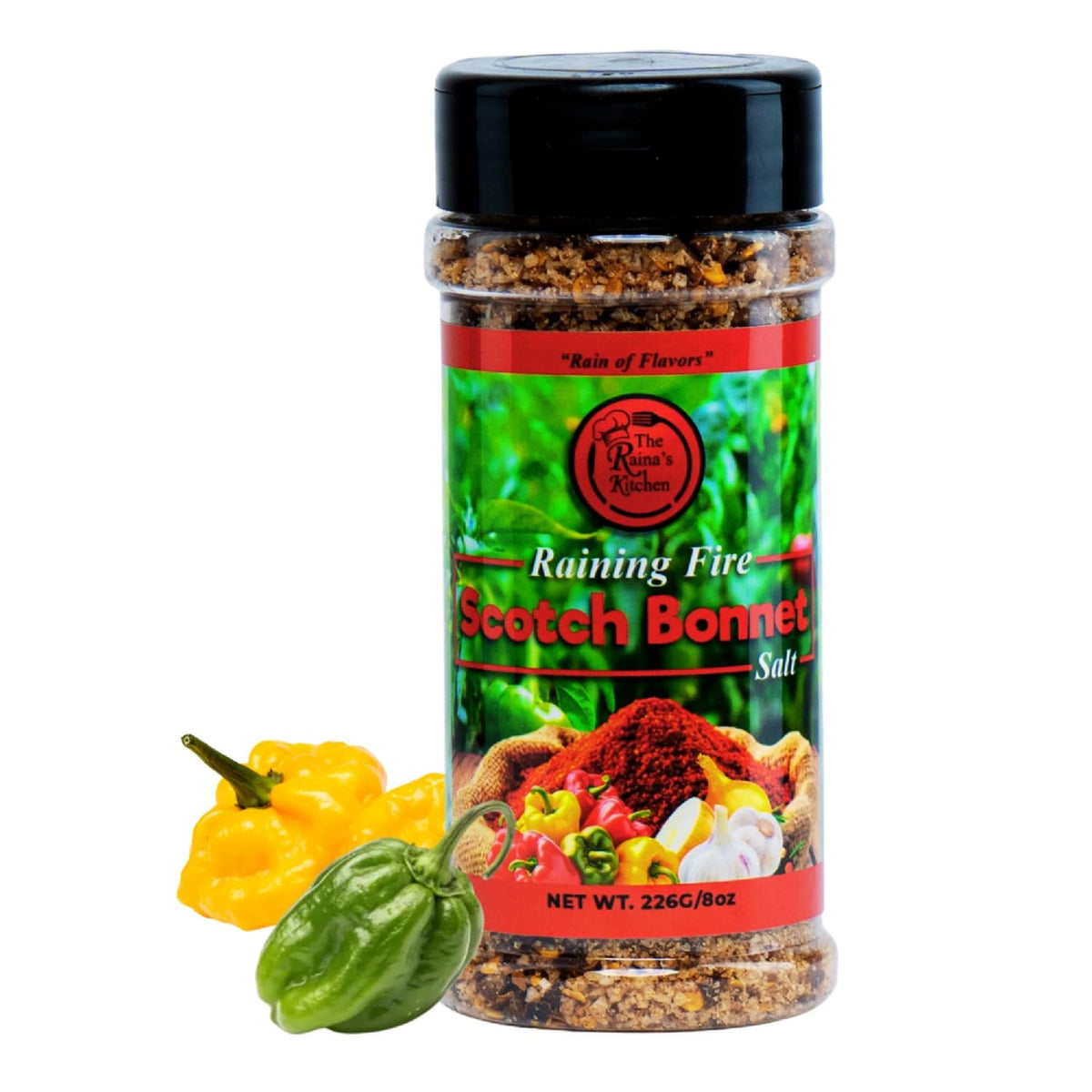 Raina’s Kitchen Raining Fire salt bottle adds bold island heat to dishes.