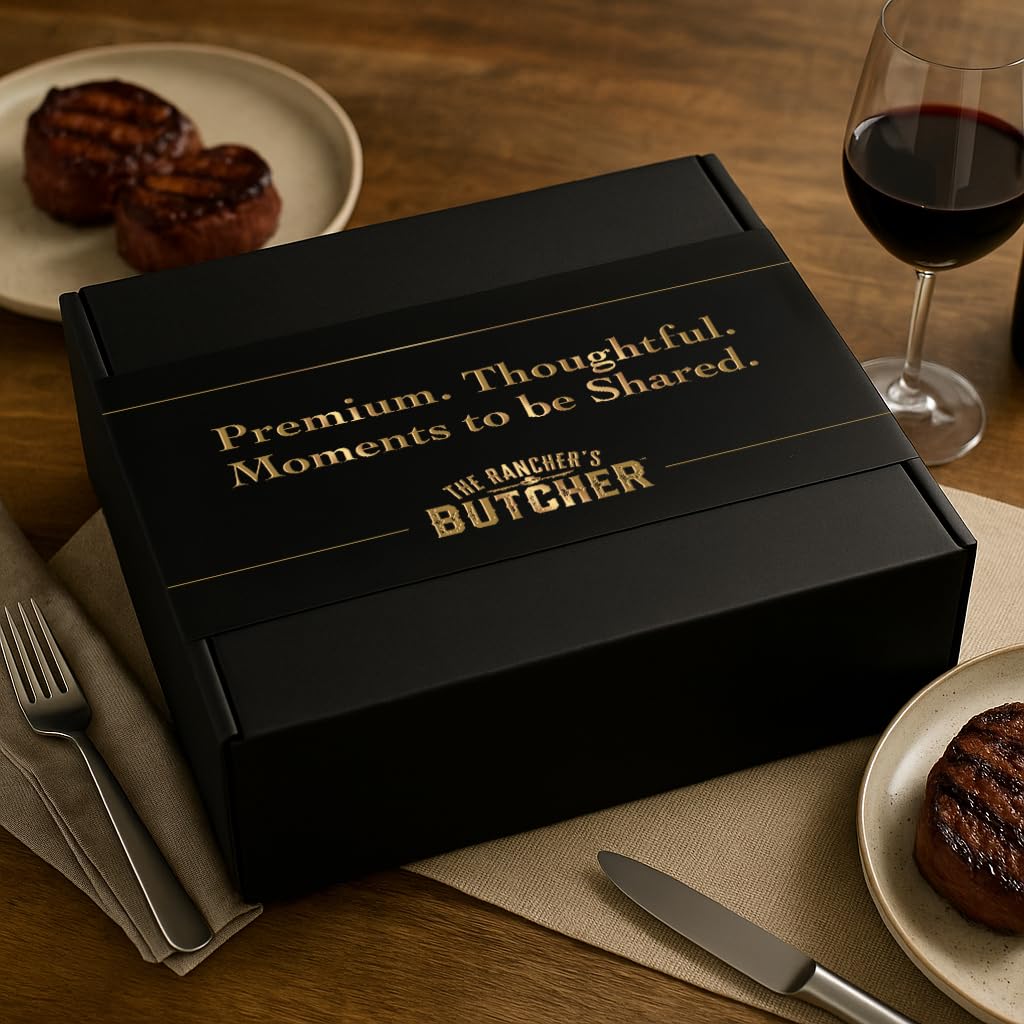 The Rancher's Butcher premium steak box ribeye, inviting marbling ideal for grilling.
