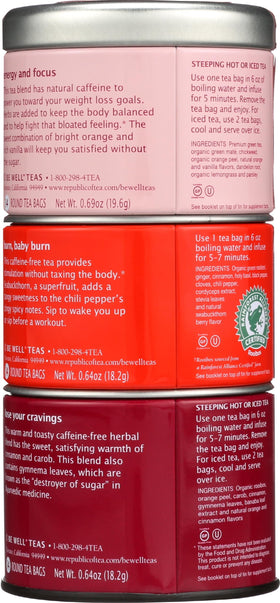 The Republic of Tea Get Burning herbal blend cup evokes morning energy and bold flavor