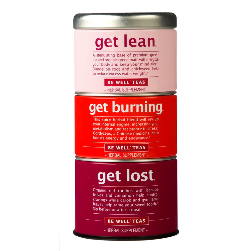 The Republic of Tea Get Lean tea tin showing green tea and maté for a smooth, refreshing sip