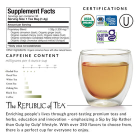 Caffeine-free blend provides a soothing warm ritual for evenings.
