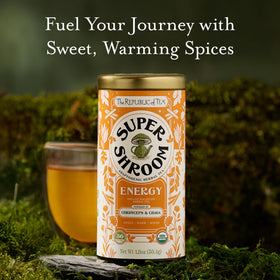 Close-up shows chaga and cordyceps ingredients and organic sourcing.