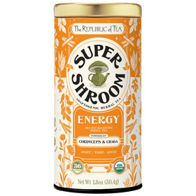 The Republic of Tea SuperShroom Energy tea bags in a reusable tin for convenient caffeine-free sipping.