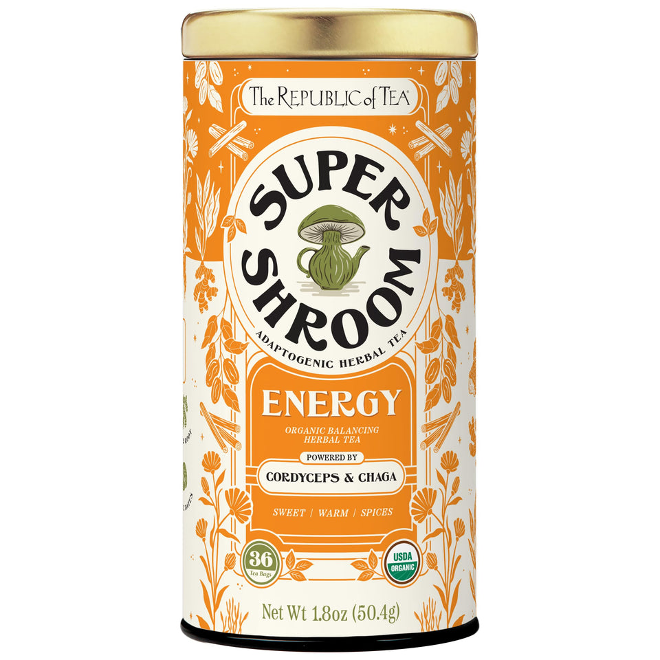 The Republic of Tea SuperShroom Energy tea bags in a reusable tin for convenient caffeine-free sipping.