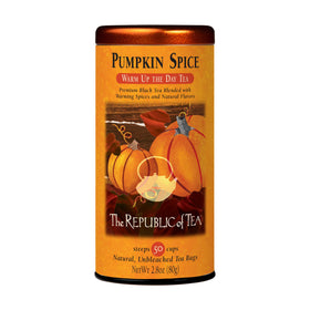 The Republic of Tea Pumpkin Spice Black Tea bags in a box, ideal for autumn rituals.