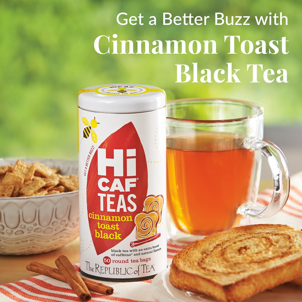 The Republic of Tea HiCAF Cinnamon Toast box highlights energy-rich blend.