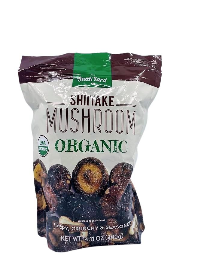 The Snak Yard Shiitake crisps in resealable bag deliver earthy aroma and crunch.