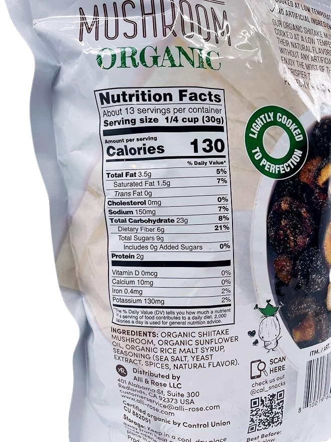 The Snak Yard organic shiitake crisps in pouch highlighting wholesome vegan snack.