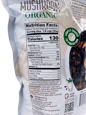 The Snak Yard organic shiitake crisps in pouch highlighting wholesome vegan snack.