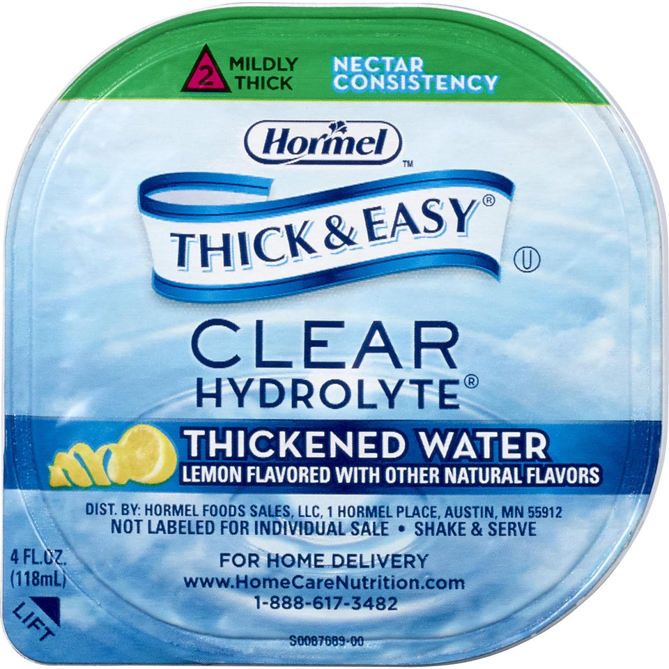Thick & Easy Hydrolyte Lemon Water 4oz cup with nectar-thickened beverage for easy sipping.