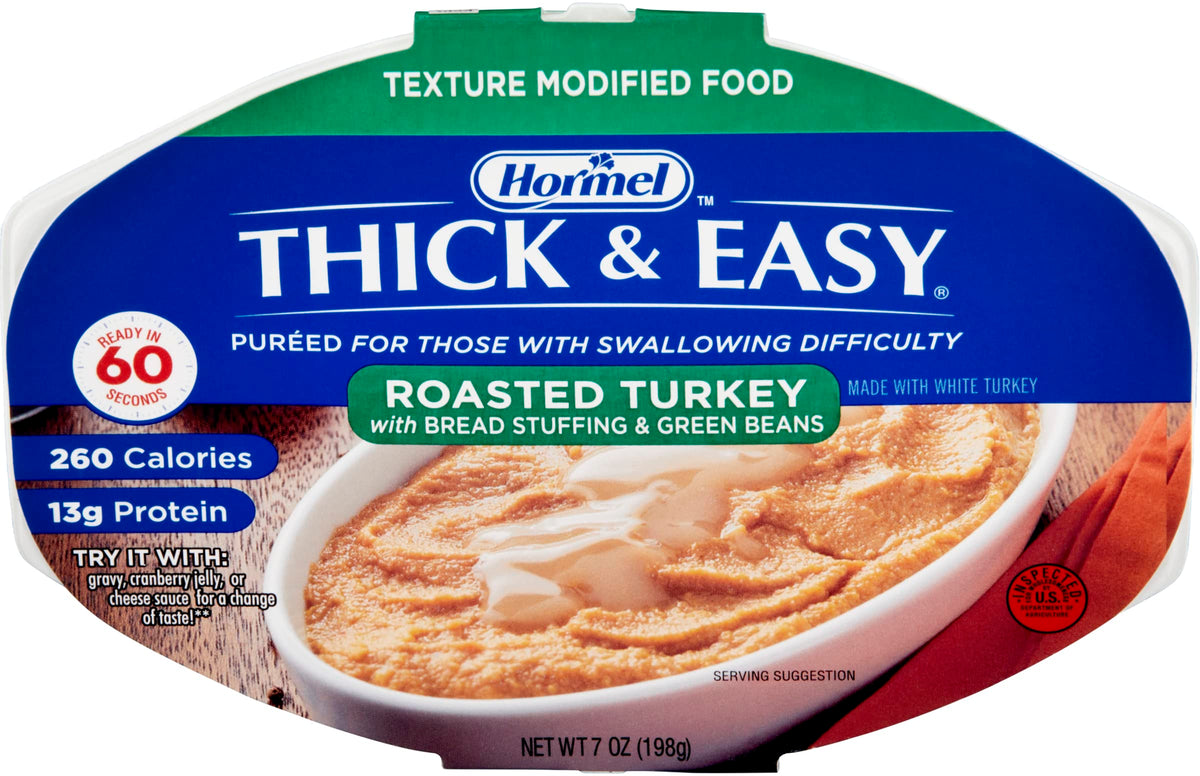 Thick & Easy Purees turkey with stuffing and green beans in a bowl for easy meals.
