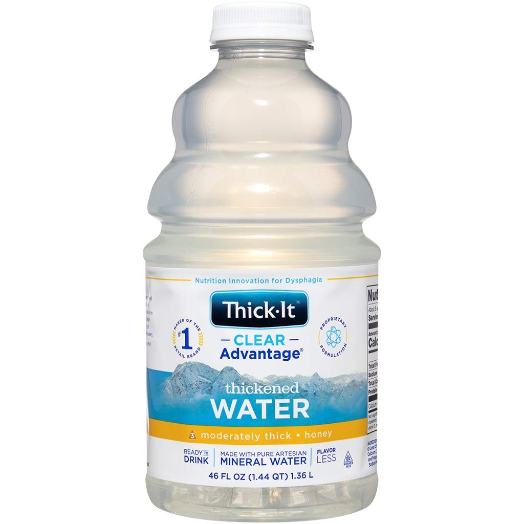 Thick-It Clear Advantage bottle pour demonstrates easy serving for on-the-go hydration.