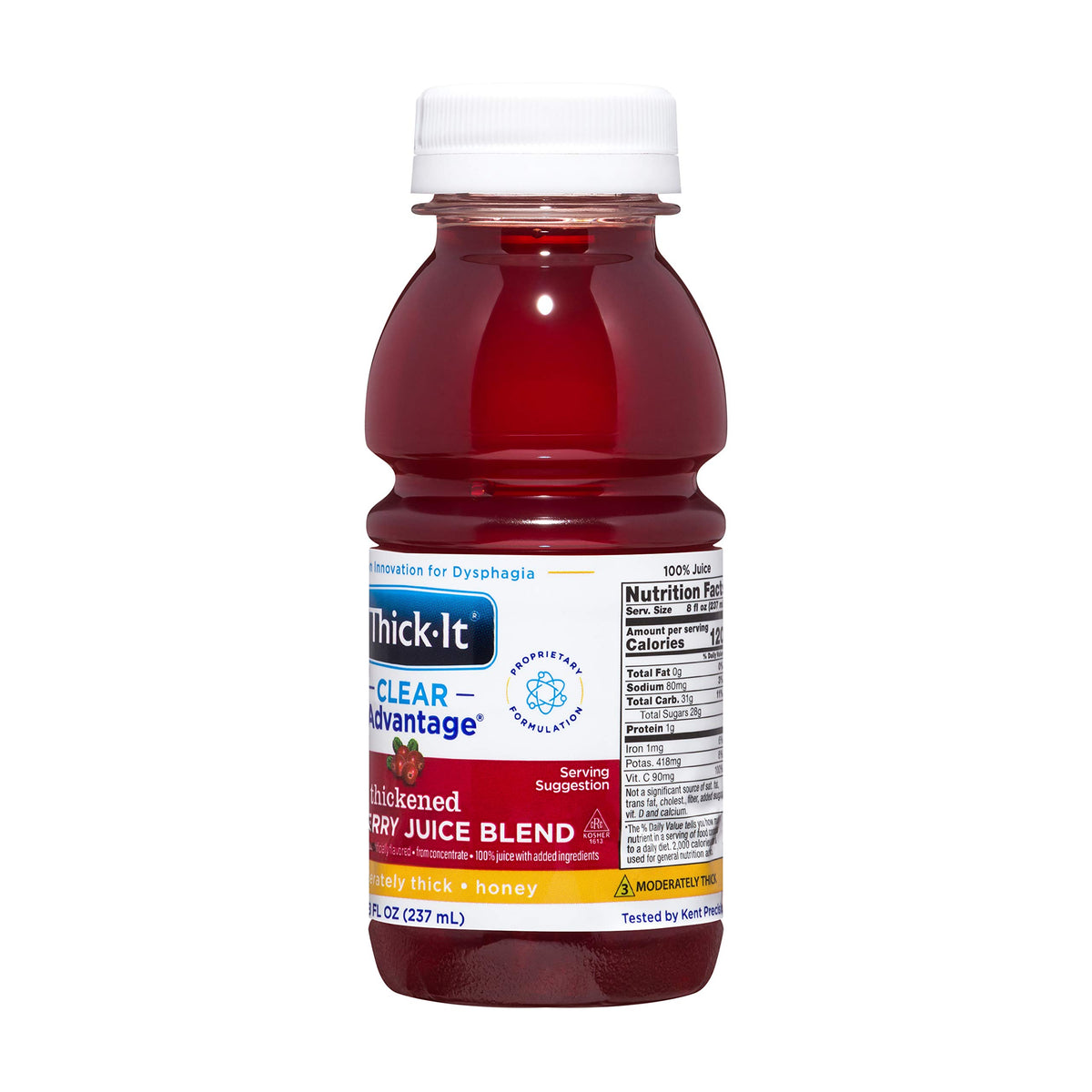 Pouring Thick-It Clear Advantage cranberry juice highlights steady texture