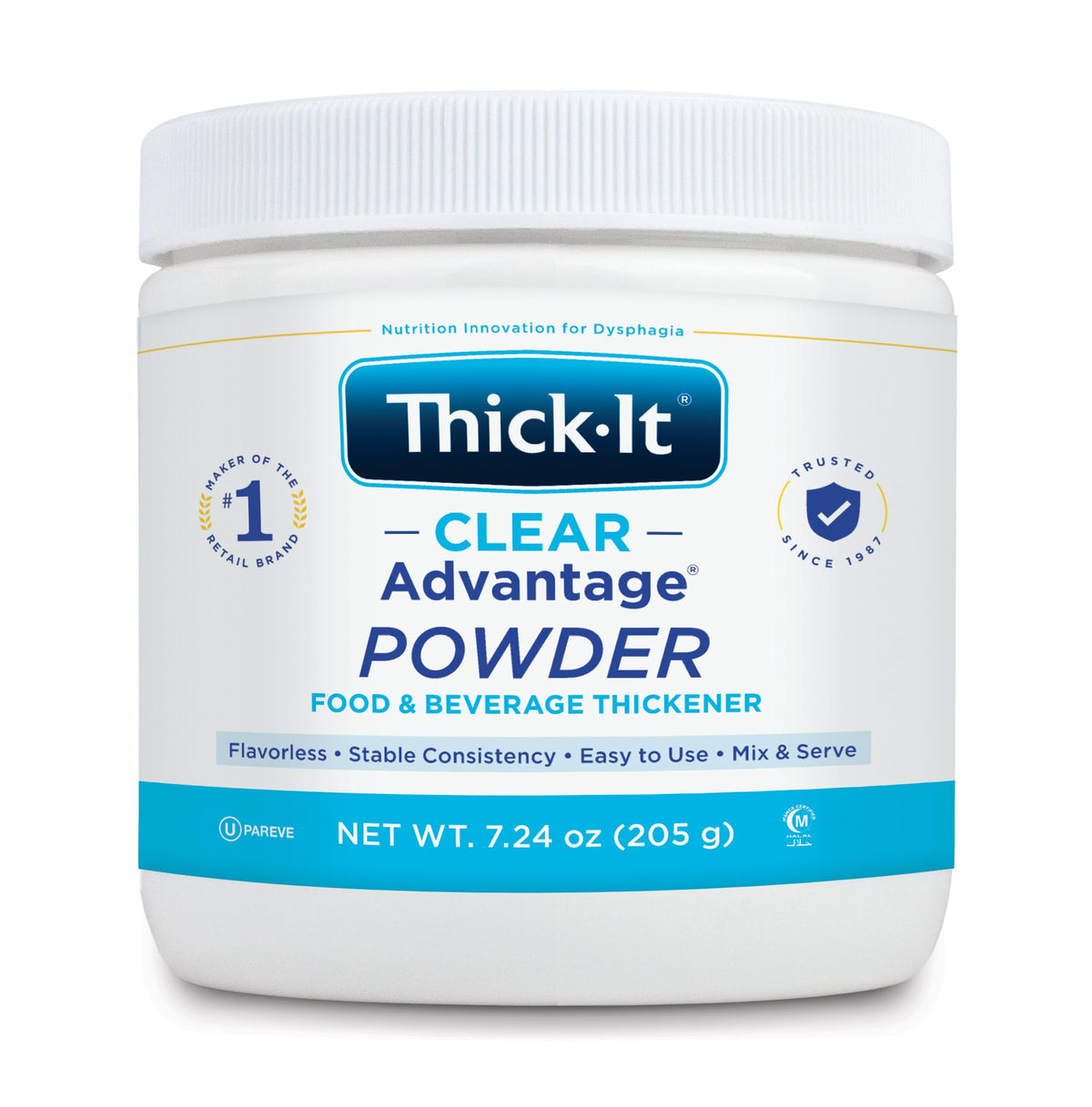 Thick-It Clear Advantage Powder packaging front highlighting clear label and allergen-free status