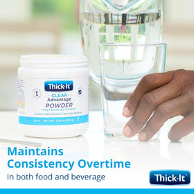 Pouring Thick-It Clear Advantage Powder into a cup shows smooth thickness formation