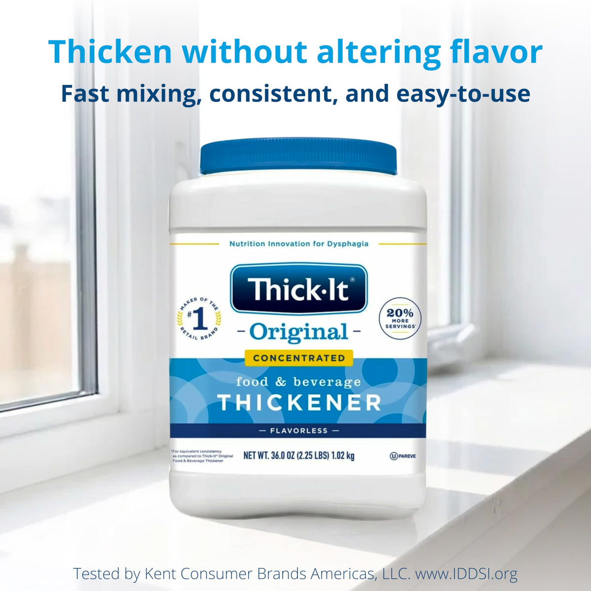 Easy-stir Thick-It powder speeds daily meal preparation.