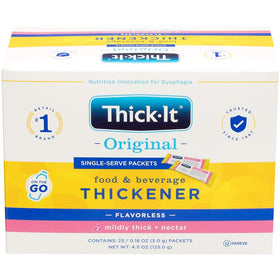 Box of Thick-It Original packets 25-pack on kitchen counter for convenient thickening.