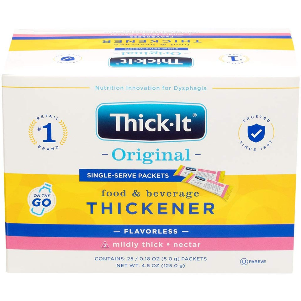 Box of Thick-It Original packets 25-pack on kitchen counter for convenient thickening.