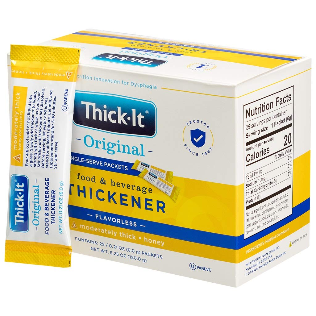 Thick-It Original packets blending into soup for steady texture.