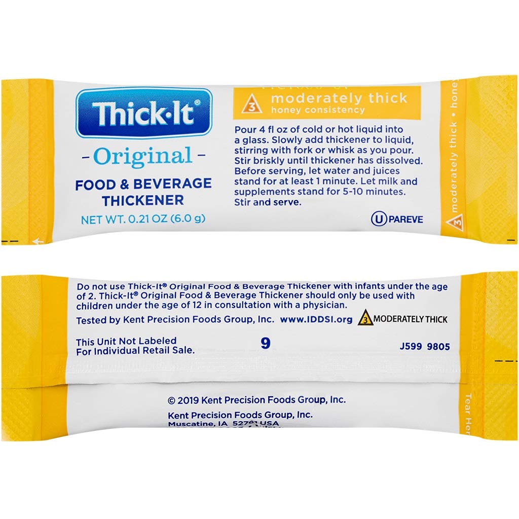 Thick-It Original packets stirred into iced tea for reliable thickness.