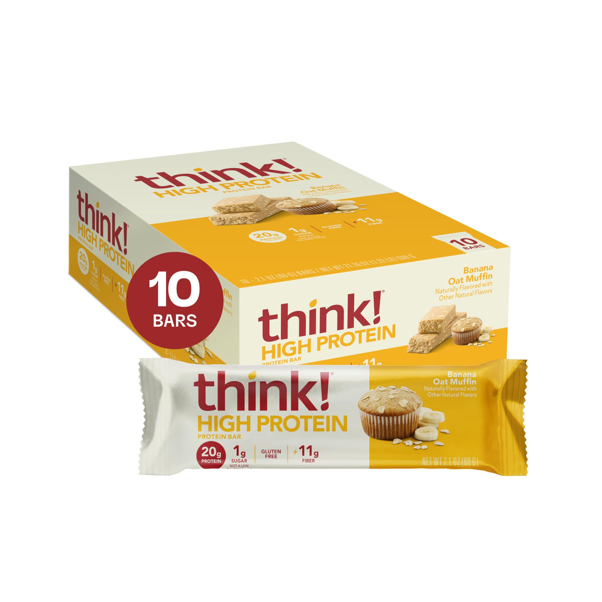 think Banana Oat Muffin Bar pack shot for on-the-go protein snack