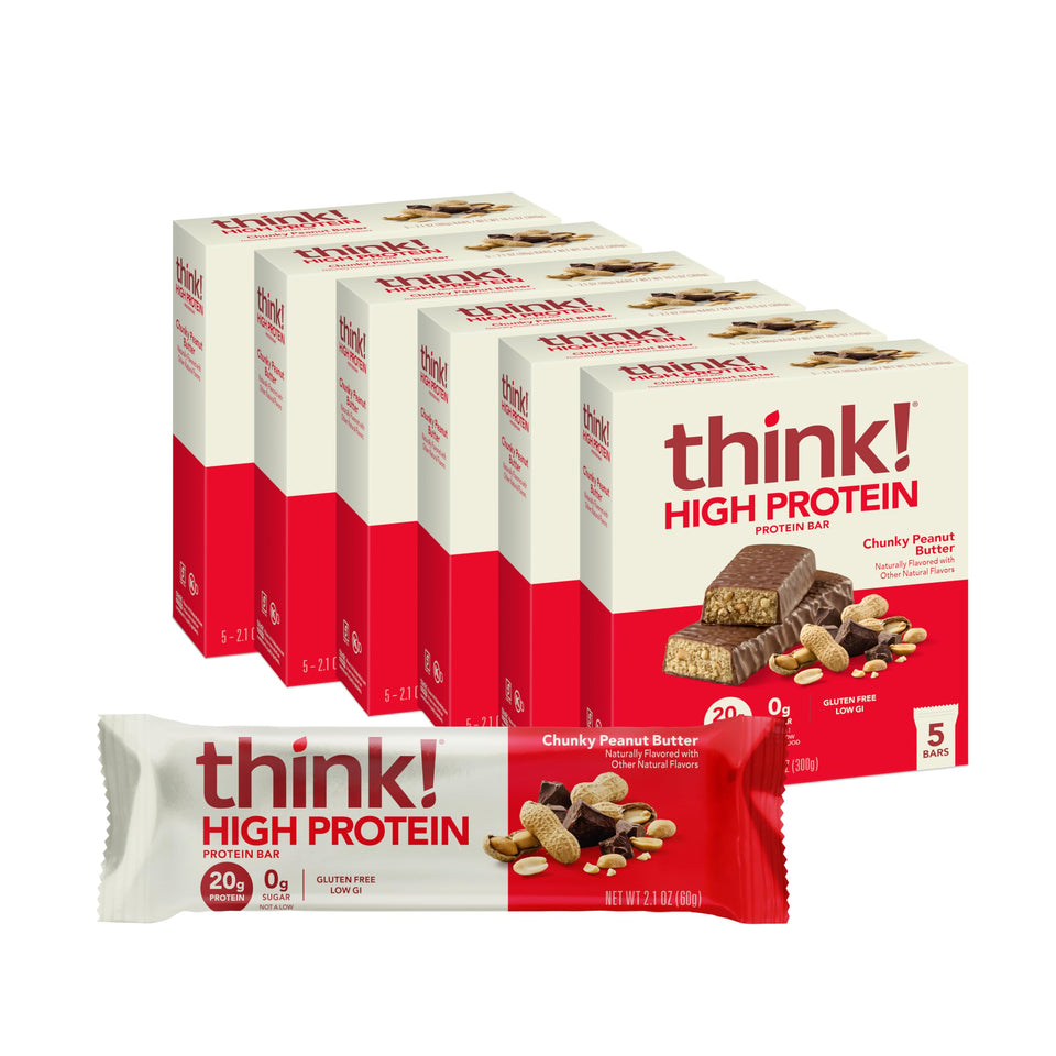 Think Bar chunky peanut butter packaging close-up, ideal grab-and-go snack for busy days.